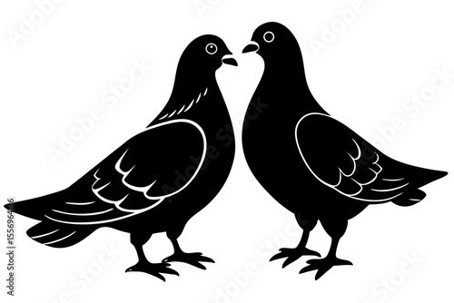 Two silhouette pigeons facing each other with white outlines on a white background