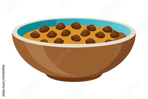 A brown bowl filled with cereal and chocolate chips on a white background