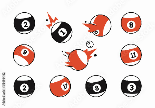 Hand Drawn Abstract Illustration of Pool Balls Colliding with Energy Burst on White Background