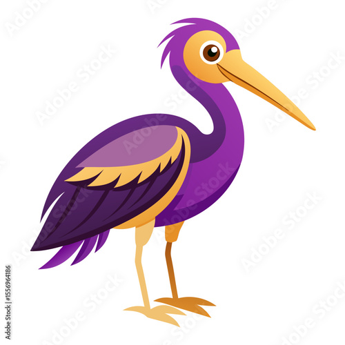 Cute cartoon purple heron bird with yellow beak and accents standing isolated