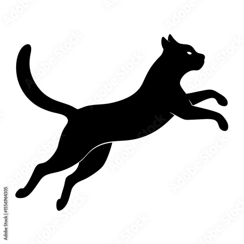 Black silhouette of a cat leaping gracefully in mid air against a white background