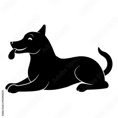 Happy black dog with tongue sticking out lying down on white background