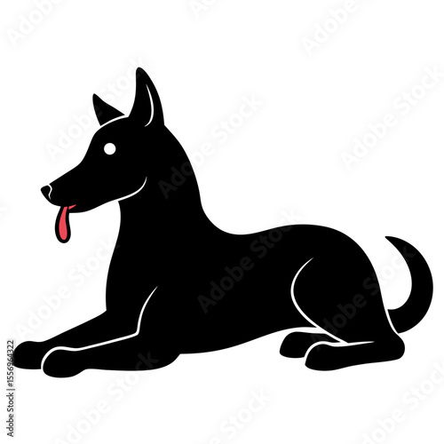 Stylized black dog with tongue sticking out lying down on a white background