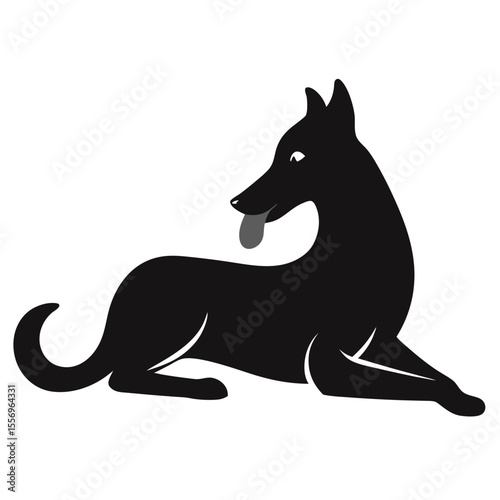 Stylized black dog with tongue out lying down on white background