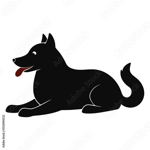 Stylized black dog with tongue out lying down on a white background