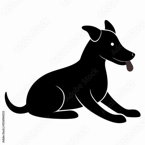 Simple black dog sitting with its tongue out and white outline