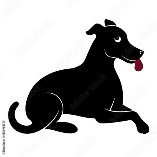 Stylized black dog with tongue out sitting on a white background