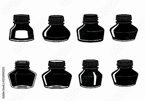 Set of eight stylized black silhouettes of small ink bottles with caps on a white background.