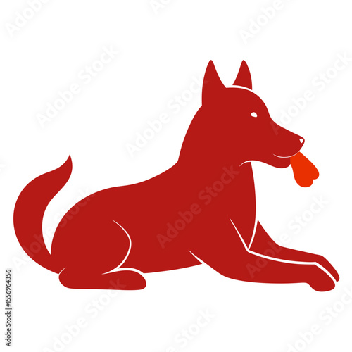Stylized red dog lying down with tongue out and bone in mouth