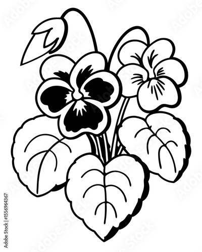 Simple black and white line art illustration of pansy flowers and leaves