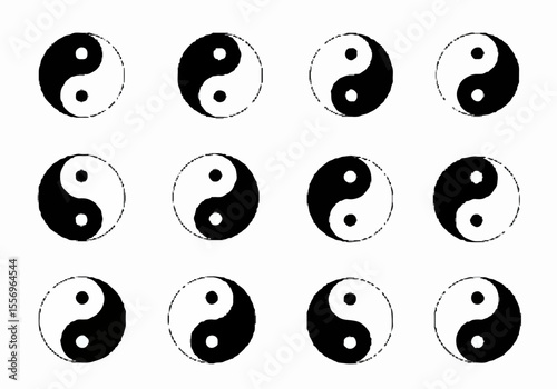 Yin Yang Symbol Pattern with Grunge Texture, Black and White Illustration Representing Balance and Harmony