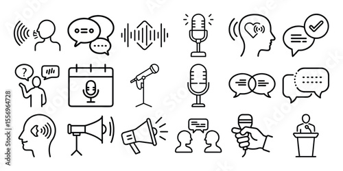 Collection of communication and audio icons representing speech sound and conversation in a clean outline style