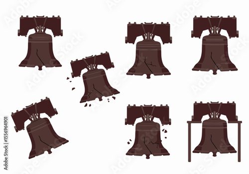 Collection of Liberty Bell Illustrations in Various States, Including Intact, Cracked, Broken, and on a Stand, Symbolizing American History, Freedom, and Resilience.