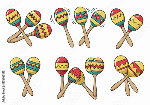 Set of colorful cartoon maracas illustrations in various arrangements, perfect for music, fiesta, and celebration themes
