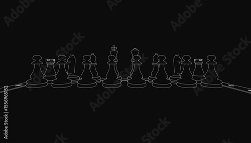 Black and white chessboard with arranged pieces, showcasing a strategic game in progress. The dark background enhances contrast, highlighting the intricate details of each chess piece.