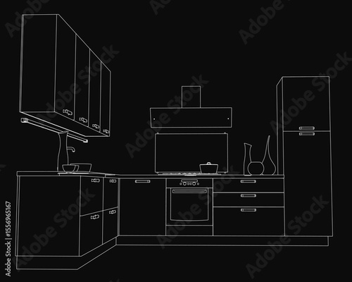 Black and white contour drawing of a modern kitchen featuring a stove top oven, sleek cupboards, and a chimney. A sink with a tap and various objects on the platform add detail, while the dark.