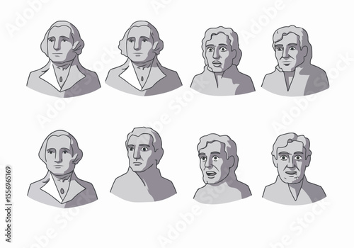 Collection of illustrations showing busts of historical figures and others with various expressions from neutral to surprised and speaking.