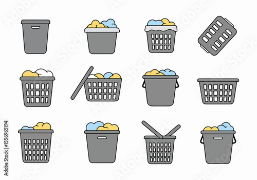 Set of illustrated icons depicting various laundry baskets and bins, some full of clothes, suitable for household and cleaning concepts.