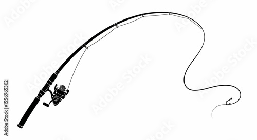 Black Silhouette of a Fishing Rod with Reel and Line, Cast in an Arc