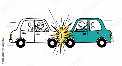 Cartoon Illustration of Two Cars Colliding Head-On, Accident Scene