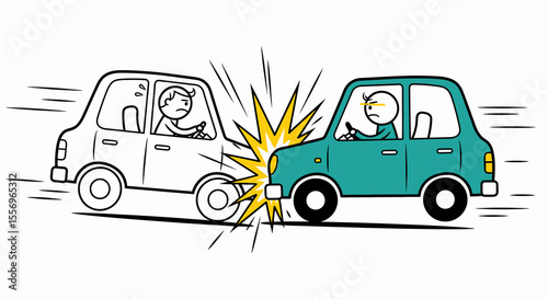 Cartoon Illustration of a Teal Car Colliding with a White Car