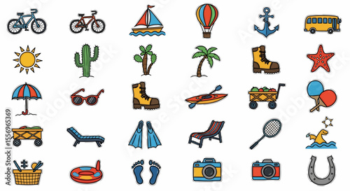 Colorful Summer Vacation Icons: Bicycle, Boat, Cactus, Palm, Sun, and More