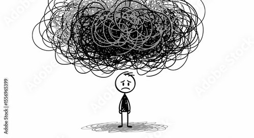 Sad Stick Figure Overwhelmed by a Tangled Mass of Black and Gray Lines