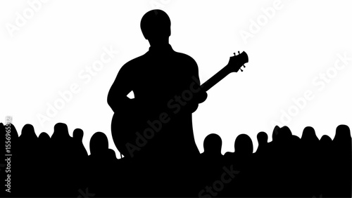Silhouette of a guitarist performing on stage in front of a crowd of people in black and white style