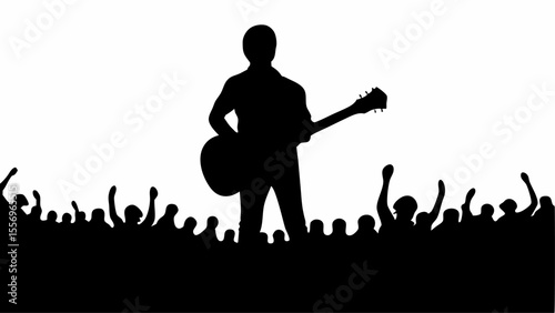 Silhouette of a guitarist performing on stage with a crowd cheering in a concert setting scene view