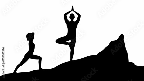 Silhouettes of two people doing yoga poses on a mountain against a white background in black and white