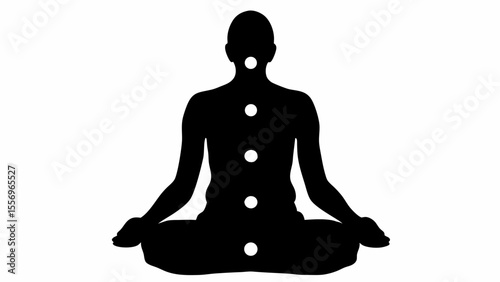 Silhouette of a person in a lotus position with white circles along the body center line shown