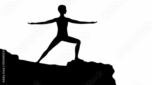 Silhouette of a person in warrior two pose on a rock formation against a white background image view