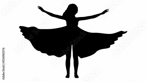 Silhouette of a woman in a dress with arms outstretched in a dancing or twirling pose against white