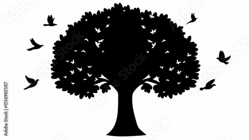 Silhouette of a large tree with dense foliage surrounded by several birds in flight on white background