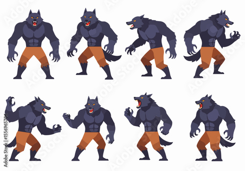Cartoon Werewolf Character in Various Dynamic Poses for Animation or Illustration Projects