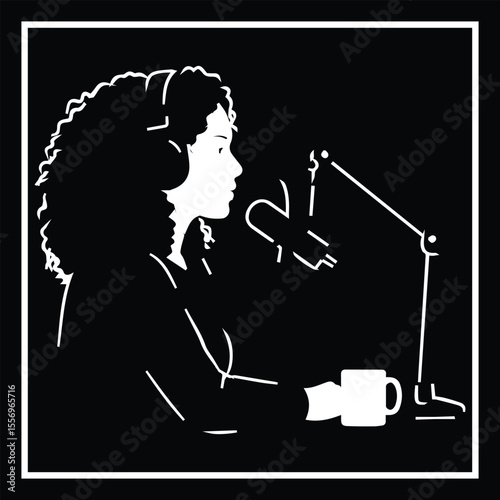 Woman podcaster with headphones and microphone in monochrome minimalist style