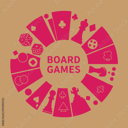 Stylized board games vector illustration with cards dice and chess pieces