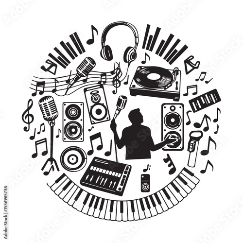 Black and white music equipment and musician illustration vector graphic design