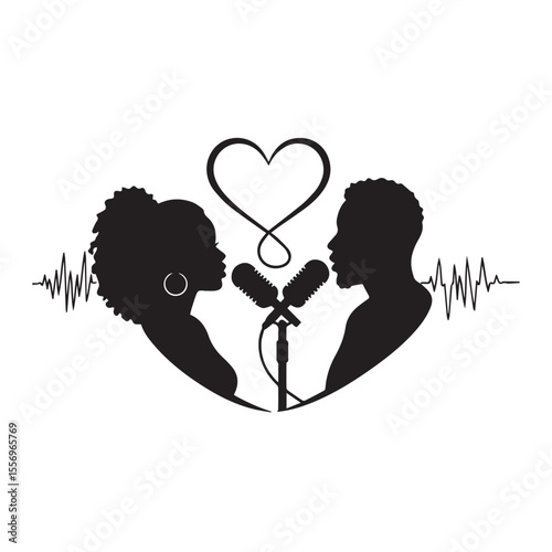 Black love couple podcast silhouette illustration with microphones and heart symbol