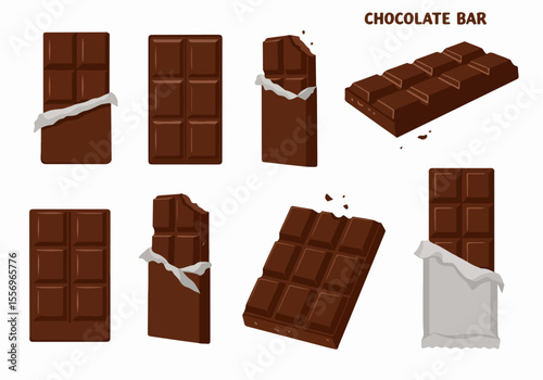 Set of chocolate bars illustration in various views with whole, unwrapped, bitten, and broken pieces on white background.
