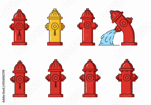 Simple set of red and yellow fire hydrants, including one spraying water