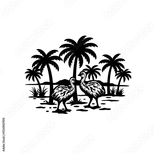 Two emus standing near palm trees in silhouette