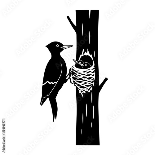 Black woodpecker feeding its chicks in a tree nest silhouette