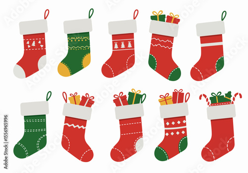 Collection of festive Christmas stockings with various patterns and gifts, set on a white background, perfect for holiday decoration and themes.