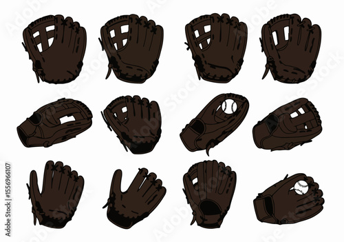 Collection of brown baseball gloves and balls in various views illustration