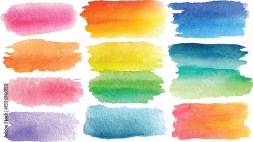 Vector set of color's brush strokes, Vibrant spectrum colors vector acrylic paint stains transparent background 