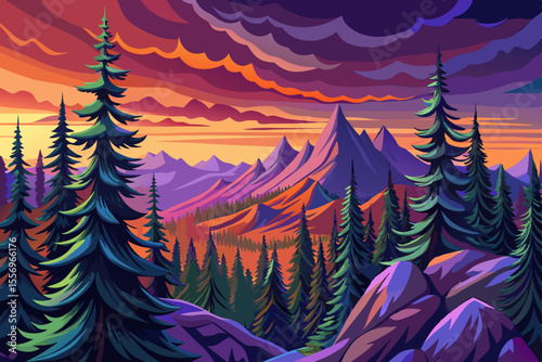 Serene landscape of volcanic mountain glowing in morning light vector. Ideal for nature, travel, wilderness, and peaceful scenery themes