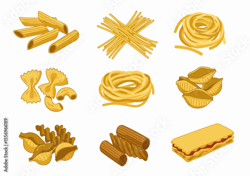 Illustration of different Italian pasta varieties including penne, spaghetti, tagliatelle, farfalle, macaroni, conchiglie, fusilli, rigatoni, and lasagna noodles on white.