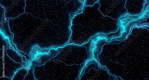 Vibrant cyan lightning strikes across a dark starry night sky creating an energetic cosmic display