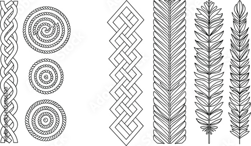 Decorative rope spiral, Celtic knot and botanical border elements, hand-drawn line art, ornamental CAD sketch, vector illustration design
